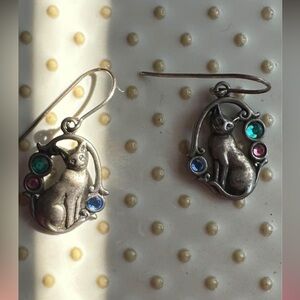 Antique Sterling Silver Gemstone Cat Earrings